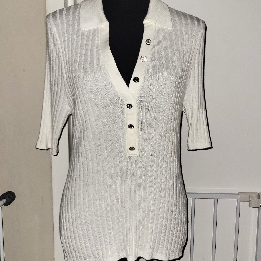 WHBM White Collared Deep V - Ribbed Sweater - L